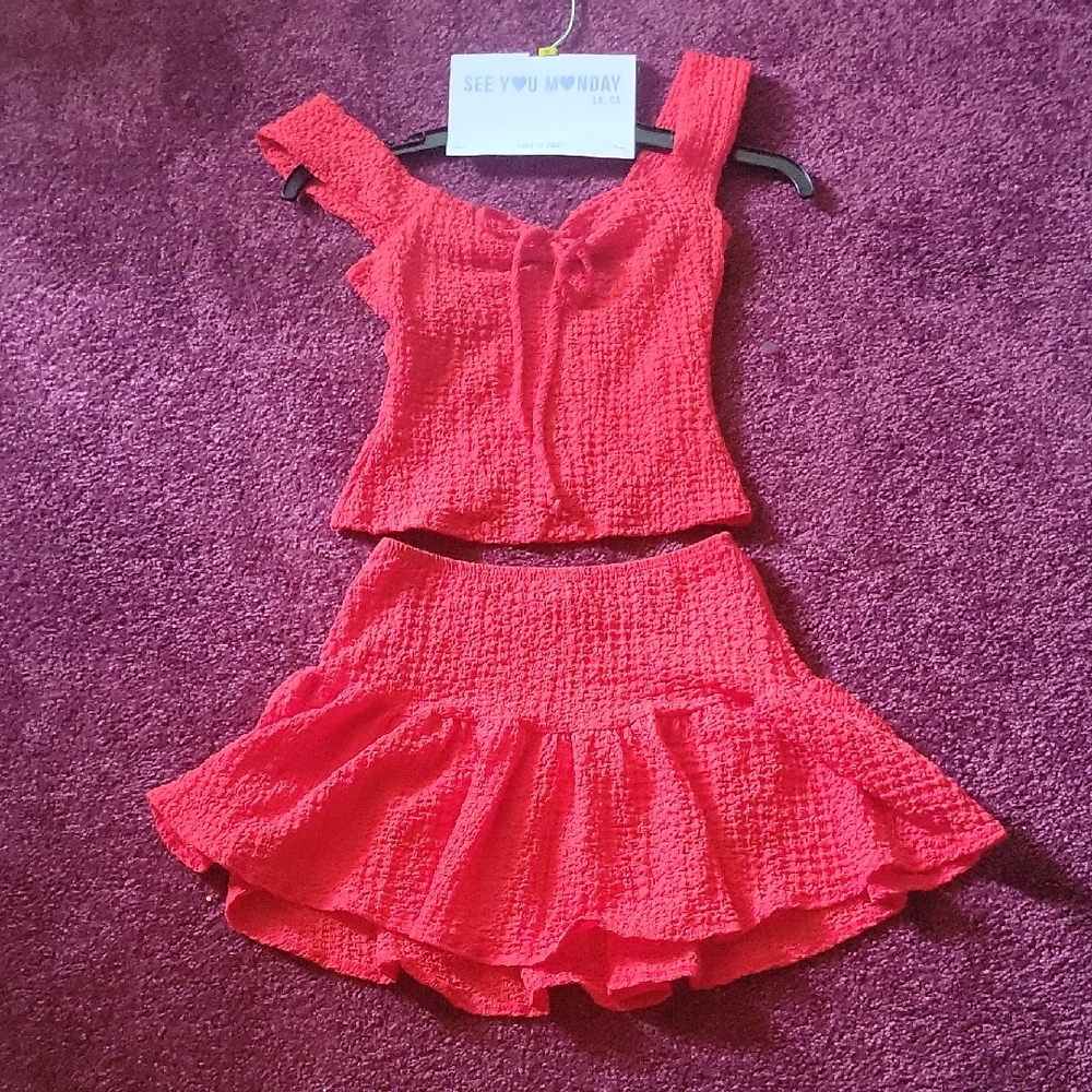 See You Monday Red Textured Mini Skirt Set
